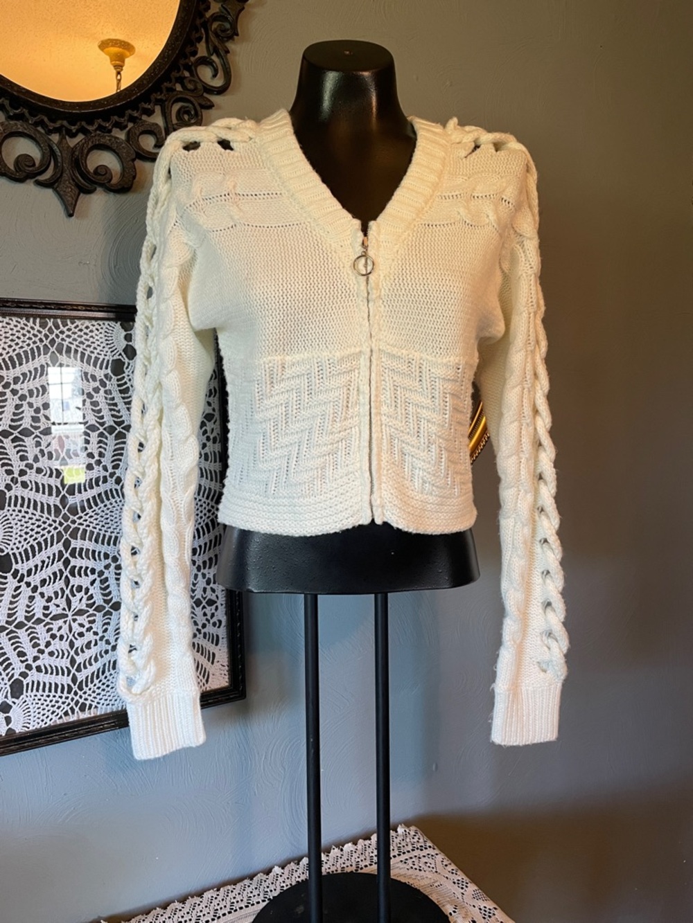 Cream Cable Knit Zip V-Neck Sweater